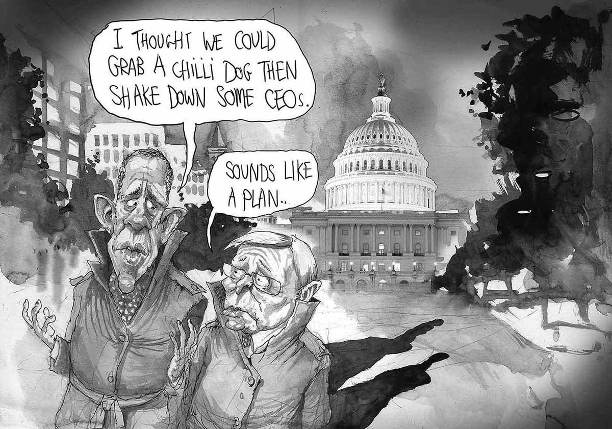 A black and white cartoon depicting Barak Obama and Kevin Rudd dressed in trenchcoats and walking away from the White House at night. President Obama says, 'I thought we could grab a chilli dog then shake down some CEOs'. Mr Rudd responds, 'Sounds like a plan'. - click to view larger image