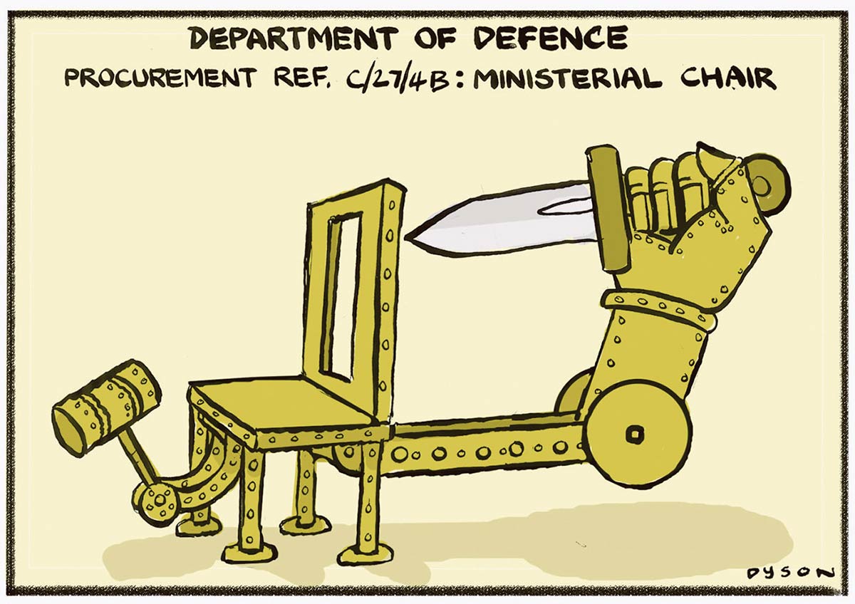 A colour cartoon depicting an imaginary chair for the Minister of Defence. The chair has two attachments. One is a large arm extending from the back of the chair. Attached to the arm is a mechanical hand that holds a large knife. There is an opening in the back of the chair that allows the knife to enter the back of a person sitting in the chair. The other attachment is a curved arm extending from the front of the chair. At the end of the arm is a sledgehammer, facing back toward the chair. At the top of the cartoon is written 'Department of Defence Procurement Ref. C/27/4B: Ministerial Chair'. - click to view larger image