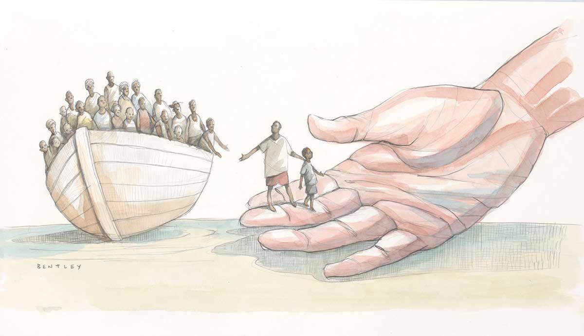 A colour cartoon depicting a wooden boat overloaded with what appear to be refugees or asylum seekers. The boat is beached and leans to the left. All of the occupants are dark-skinned. A large white-skinned hand reaches down toward the boat from the right of the cartoon. Two of the boat's occupants have stepped from the boat onto the upturned hand. Some of the other occupants are preparing to do the same. - click to view larger image