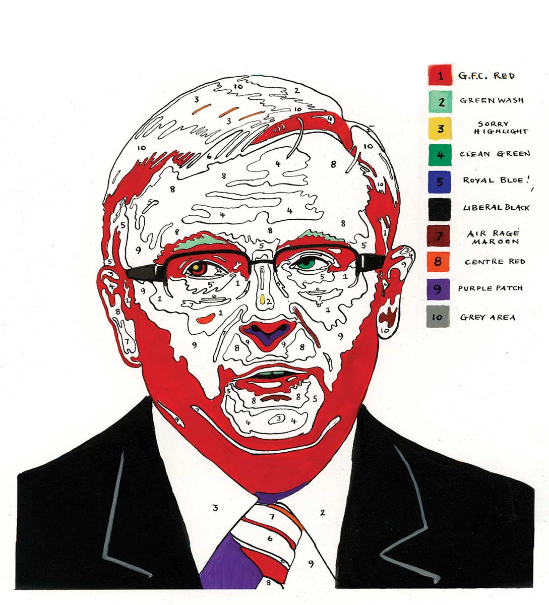 A 'paint by numbers' colour image of Kevin Rudd. There are large areas of red on his face and hair. Some small areas of green, purple and yellow are visible. His jacket and glasses are black. To the right of his head are 10 colour squares arranged in a column. Each square is numbered. To the right of the squares are written colour descriptions. These are, from top to bottom: G.F.C. Red, Green Wash, Sorry Highlight, Clean Green, Royal Blue, Liberal Black, Air Rage Maroon, Centre Red, Purple Patch and Grey Area. - click to view larger image