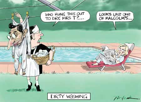 A colour cartoon depicting a suburban scene — green lawn, swimming pool and a blond woman on a banana lounge chair reading the newspaper. A woman dressed in a black and white maid's uniform, a laundry basket under her arm, gestures to a figure representing Godwin Grech, dressed in long underwear, battered and bruised and hung on the Hills Hoist. The maid looks over her shoulder to ask the woman 'Who hung this out to dry, Mrs T?'. Mrs T responds 'Looks like one of Malcolm's ...'. - click to view larger image