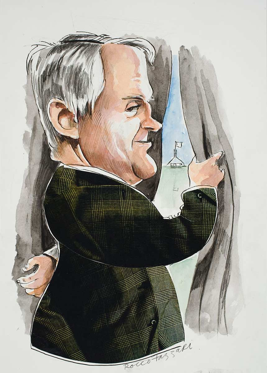 Political cartoon of Malcolm Turnbull looking out of his window towards Parliament House - click to view larger image