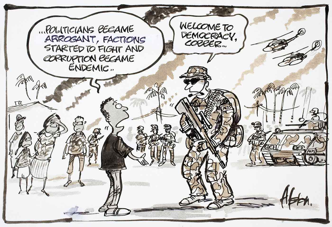 Political cartoon of a man telling an Australian soldier '...Politicians became arrogant, factions started to fight and corruption became endemic ...' - to which the soldier responds, 'Welcome to democracy cobber.' - click to view larger image