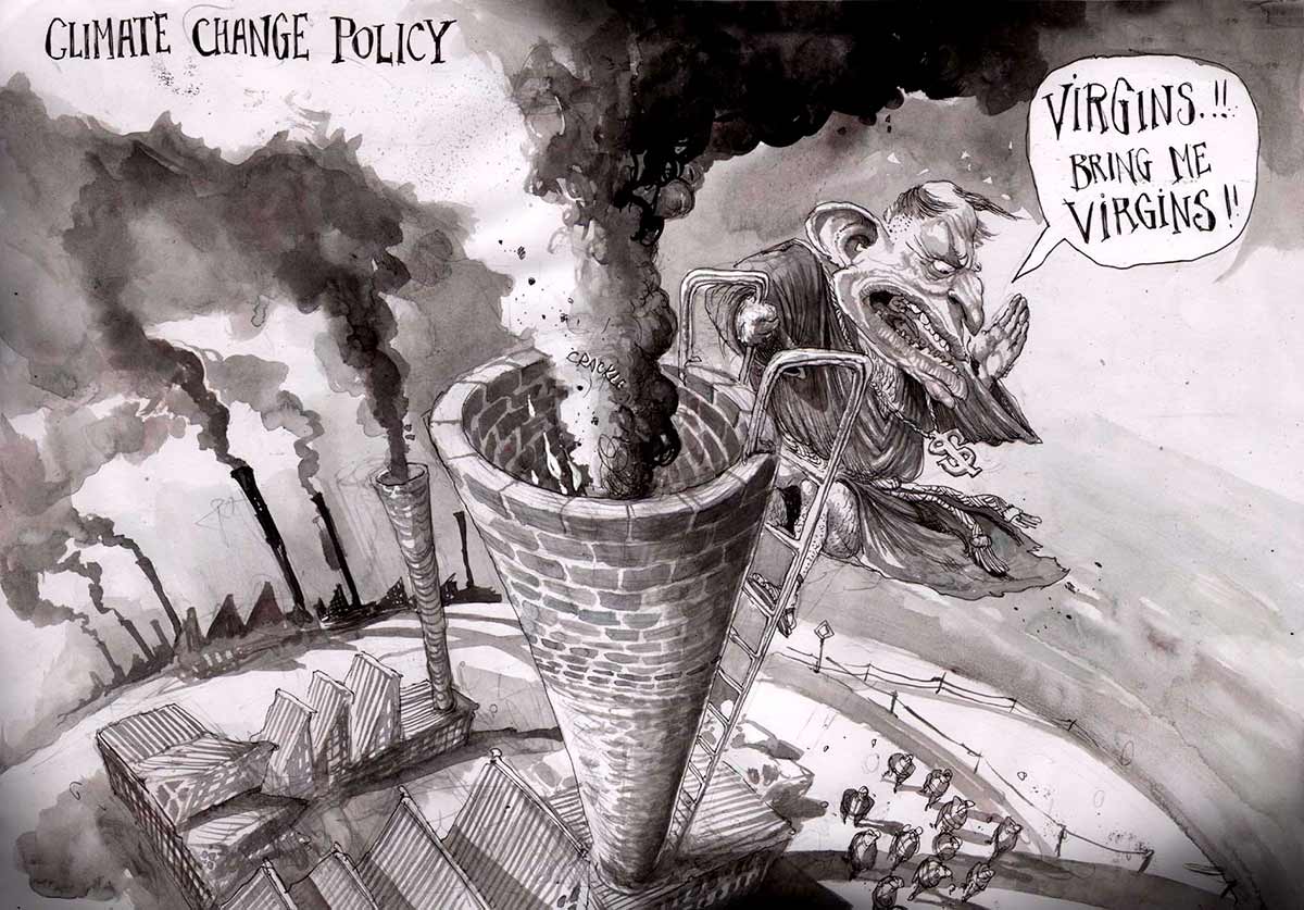 A black and white cartoon depicting Tony Abbott as a monk. He is at the top of a very tall chimney, which is belching smoke. Below him is the roof of what appears to be a factory. More chimneys are visible in the background, also belching smoke. He is shouting down to a group of people at the base of the chimney. He's shouting 'Virgins!! Bring me virgins!!' At the top left of the cartoon is written 'Climate Change Policy'. - click to view larger image