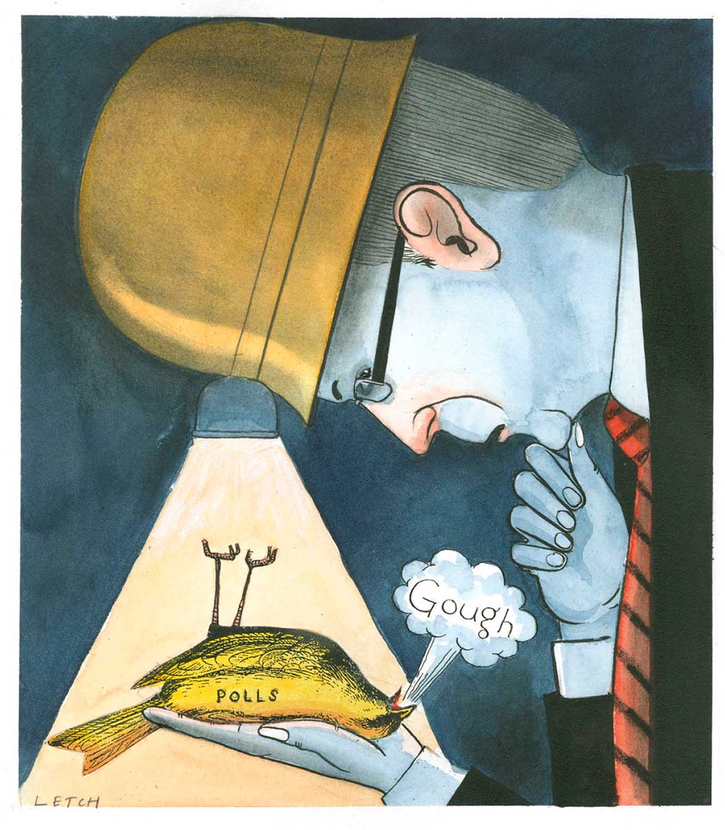 A colour cartoon depicting Kevin Rudd holding a yellow canary in his hand and wearing a yellow miner's helmet with a light on the front. He bends his head down to look at the bird, so the light illuminates the bird. The background is dark. The bird is resting on its back with its legs sticking up. On the bird's side is written 'Polls'. A breath emerges from the bird's beak. In the breath is written 'Gough'. Rudd's expression is one of concern and uncertainty. He holds his chin with the fingers of his other hand. - click to view larger image