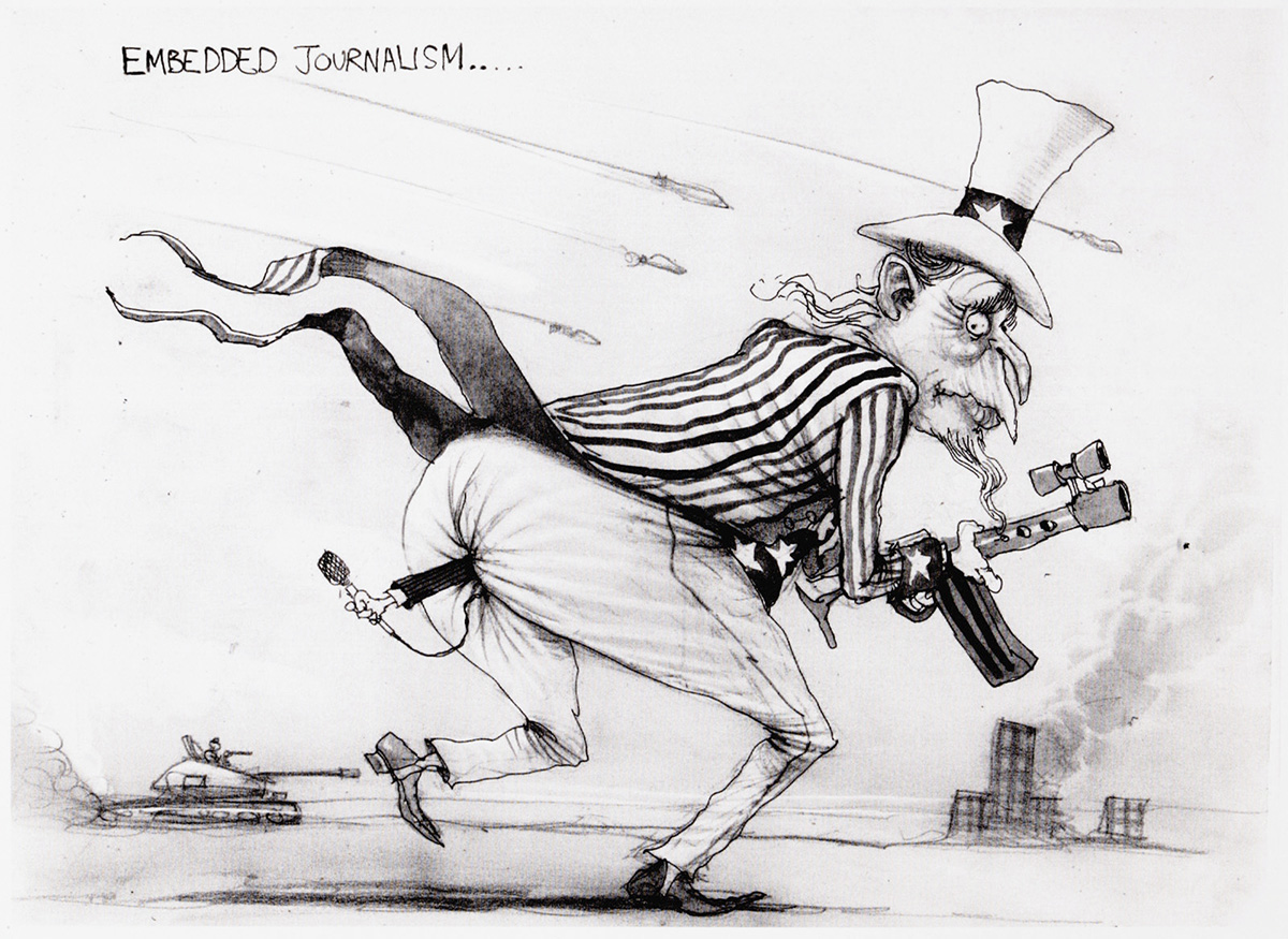 A cartoon of Uncle Sam running into battle, rifle in hand, tank and burning building in the background. A hand holding a microphone sticks out of his butt. In the upper left, the cartoon is titled 'Embedded Journalism.' - click to view larger image