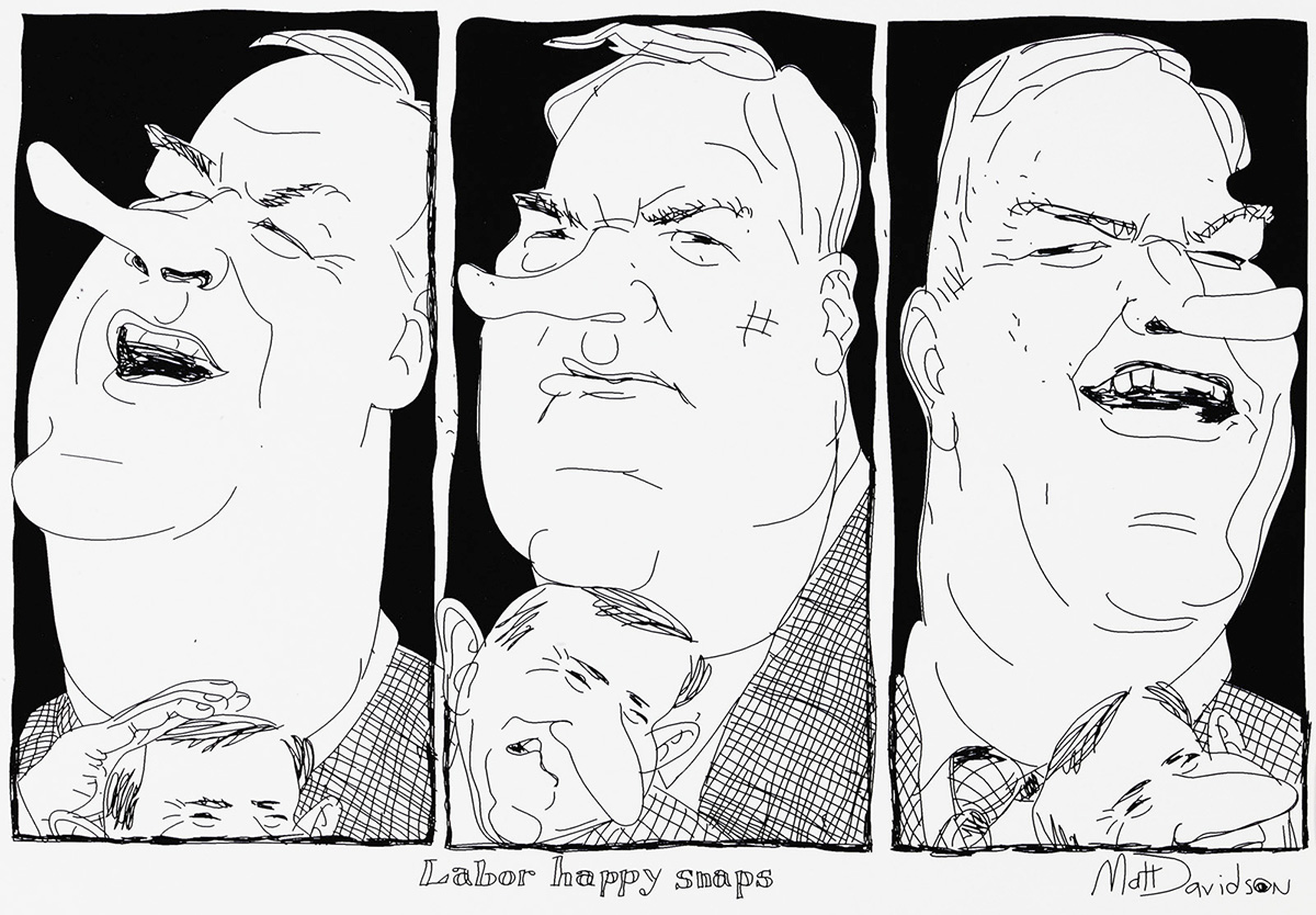 A cartoon of three pictures of Kim Beazley, with Simon Crean trying to push in from the bottom of the frame. - click to view larger image