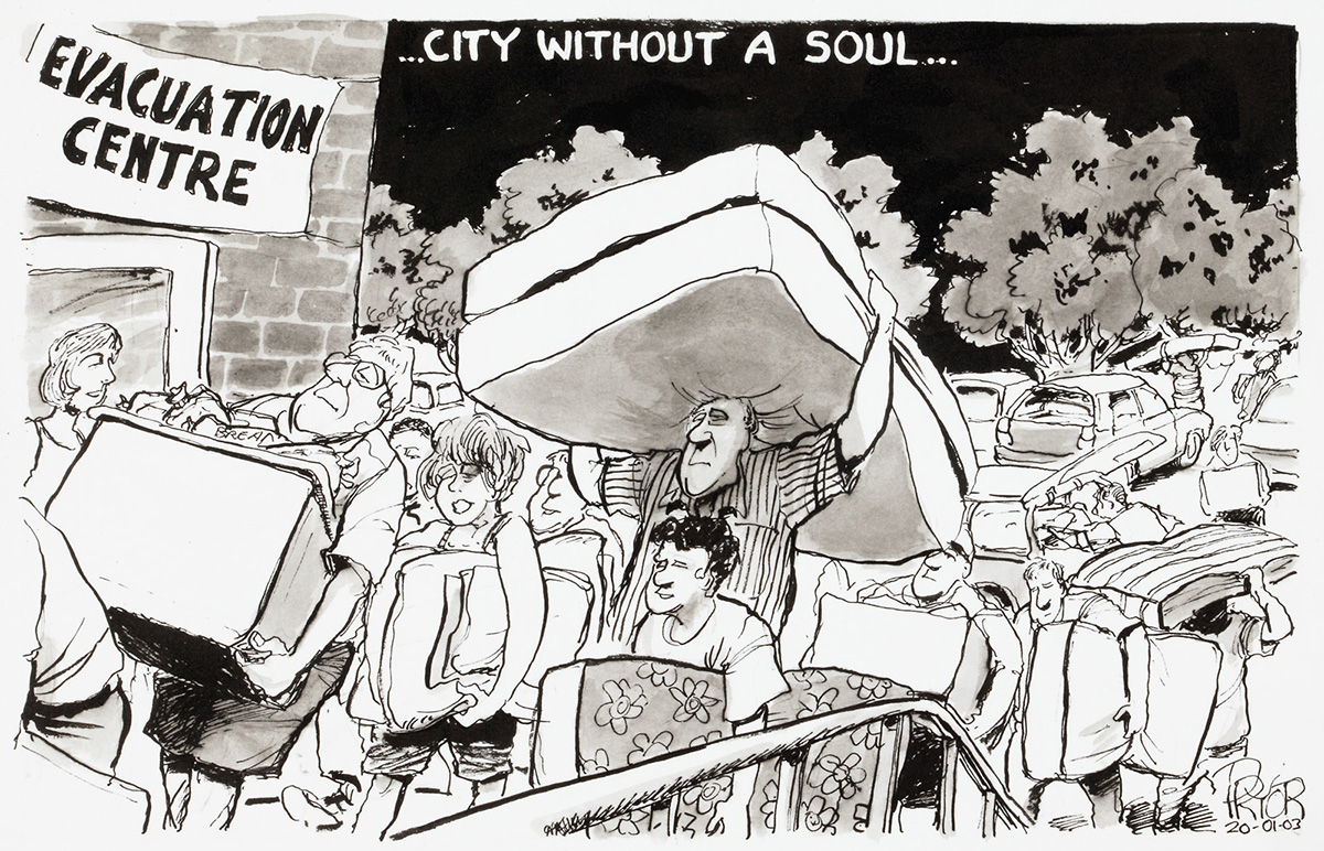 Cartoon of a crowd of people walkingto an evacutaion centre. They are carrying boxes, mattresses, and pillows. - click to view larger image