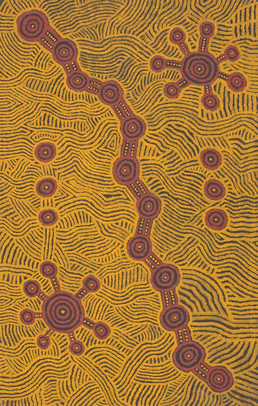 Painting depicting an intricate design in ochre colours. - click to view larger image