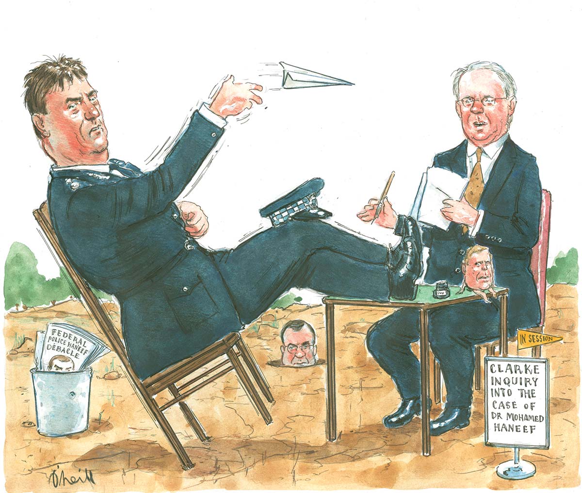 In the centre of the frame, out in dry field, a very large Mick Keelty sits with his feet up on the table, throwing a paper airplane. Behind him a wastepaper bin has a paper sticking out that says 'Federal Police Haneef Debacle'. On the other side of the table, facing Keelty, Clarke sits, holding some papers and a pen. A little pennant shaped sign beside him says 'In session'. In front of that, another sign says, 'Clarke inquiry into the case of Dr Mohammed Haneef'. In the centre of the frame, back from the table and framed by Keelty's legs, a head pops up from a hole in the ground, probably Kevin Andrews. On the table sits a smaller head with little arms and legs. - click to view larger image