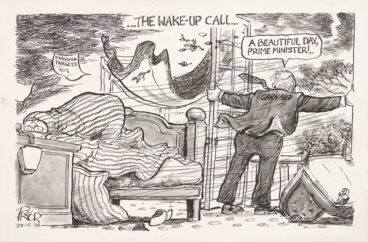Prime Minister Rudd's bedroom. His bed is to the left. He hides under the bedclothes while a man in a suit with 'Garnaut' on his back opens French windows to the right. Mr Rudd's worried face peeks out from the bedclothes. A gale is coming in through the opening, blowing over furniture and bringing in debris. The suited man is saying 'A beautiful day, Prime Minister!..' At the top centre of the image is written '...The Wake-Up Call...' A sheet of paper in the air has 'Emission Targets 40 percent' on it. - click to view larger image