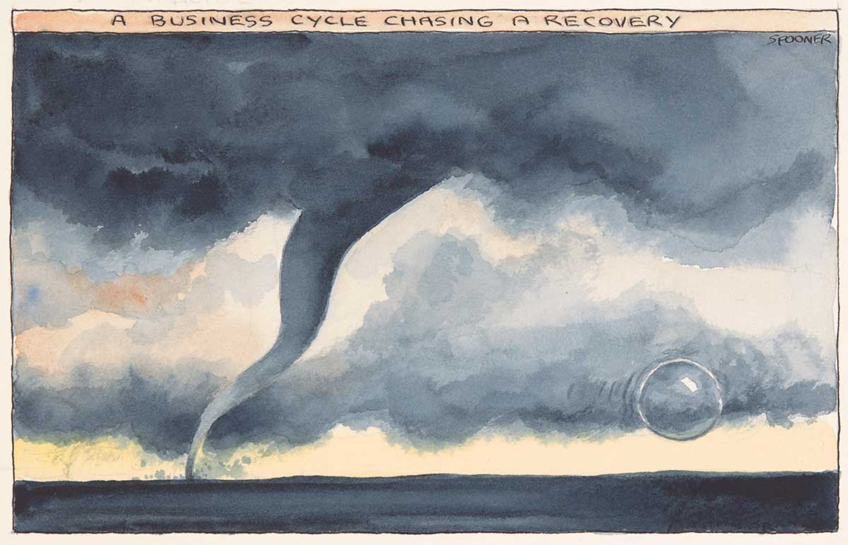 A flat, featureless landscape. The sky contains blue-black storm clouds. A tornado funnel emerges from the upper centre clouds and snakes to the ground at the lower left. In the right foreground a bubble floats near the ground, as though it were attempting to get away from the tornado. - click to view larger image