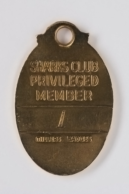 Back view of medallion which is inscribed with 'Sharks Club Privileged Member'. - click to view larger image