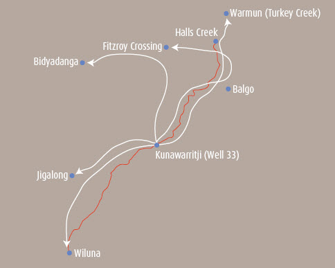 Map showing the different directions Rover Thomas and his family travelled as they moved away from the Canning Stock Route country, and the places where they settled. Places marked from top to bottom are: Warmun (Turkey Creek), Halls Creek, Fitzroy Crossing, Bidyadanga, Balgo, Junawarritji (Well 33), Jigalong, Wiluna.