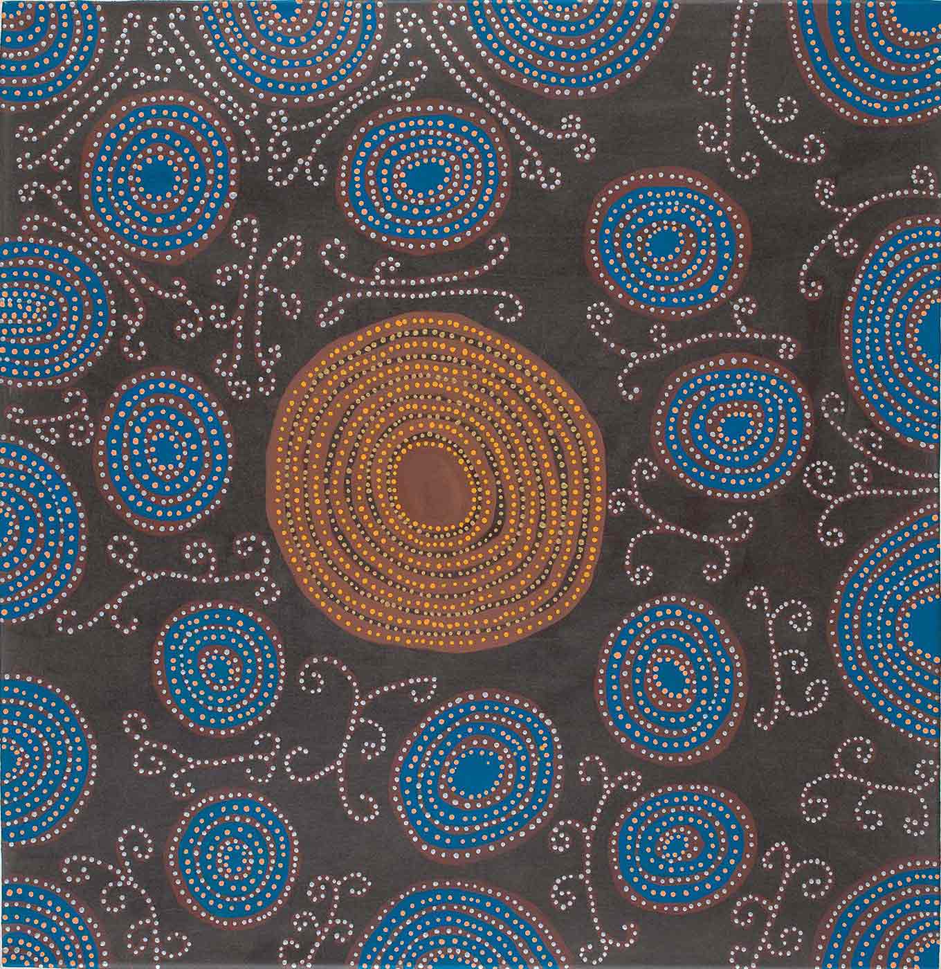 A dot painting on canvas on a black background with a large brown concentric circle motif in the centre dotted with yellow, black and beige, surrounded by blue concentric circles, semicircles and quarter circles dotted in silver, orange and brown. The bottom edge only has one semicircle on it. In between the circles are straight and curved lines with curls on them in brown and dotted with silver. - click to view larger image