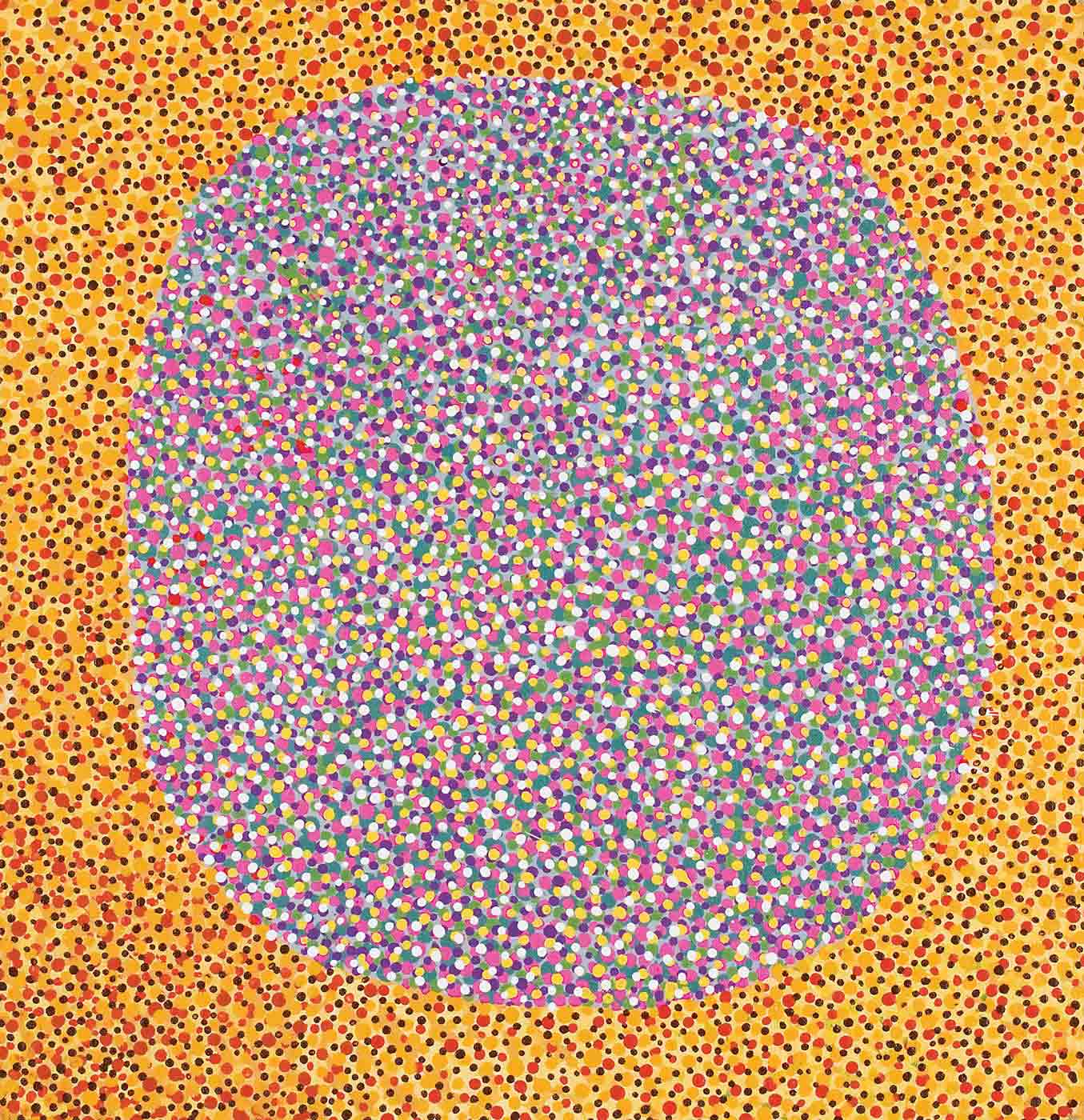 A painting on brown linen with a square yellow background and a blue-grey circle in the centre both covered with dots. The yellow area is filled with red, brown, gold and beige and the blue is filled with blue, purple, magenta, white, yellow and green. - click to view larger image