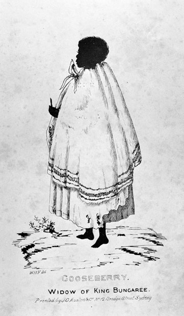 Illustration of a woman wearing tattered clothing and a large cape. Underneath her is the text: GOOSEBERRY. Widow of King Bungaree.