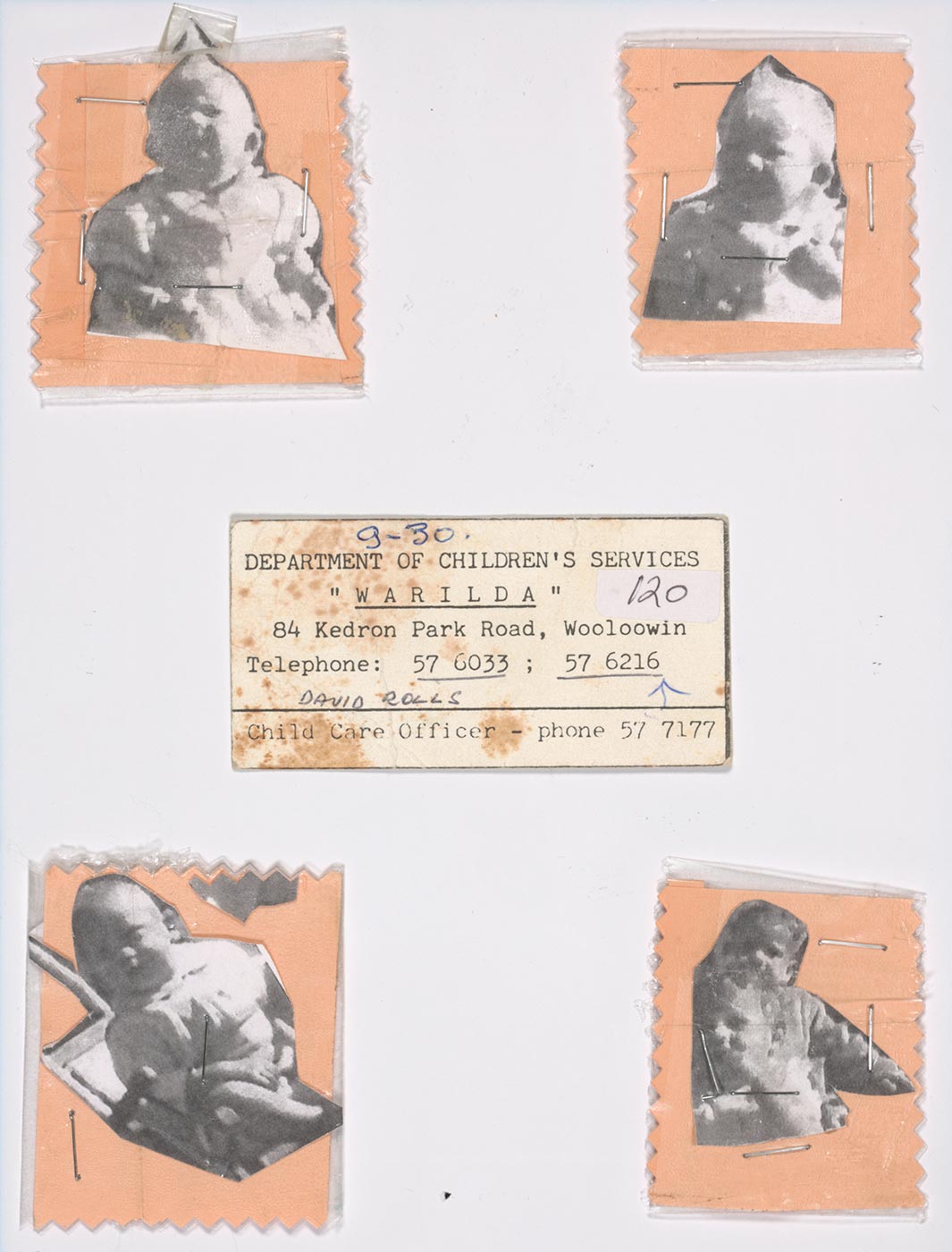 Four images stapled to each corner of a rectangular white piece of card. The closely cropped black and white images of babies have been placed on small pink paper squares with serrated sides. A business card is stuck to the centre of the panel.  The typewritten text reads: 'Department of Children's Services 