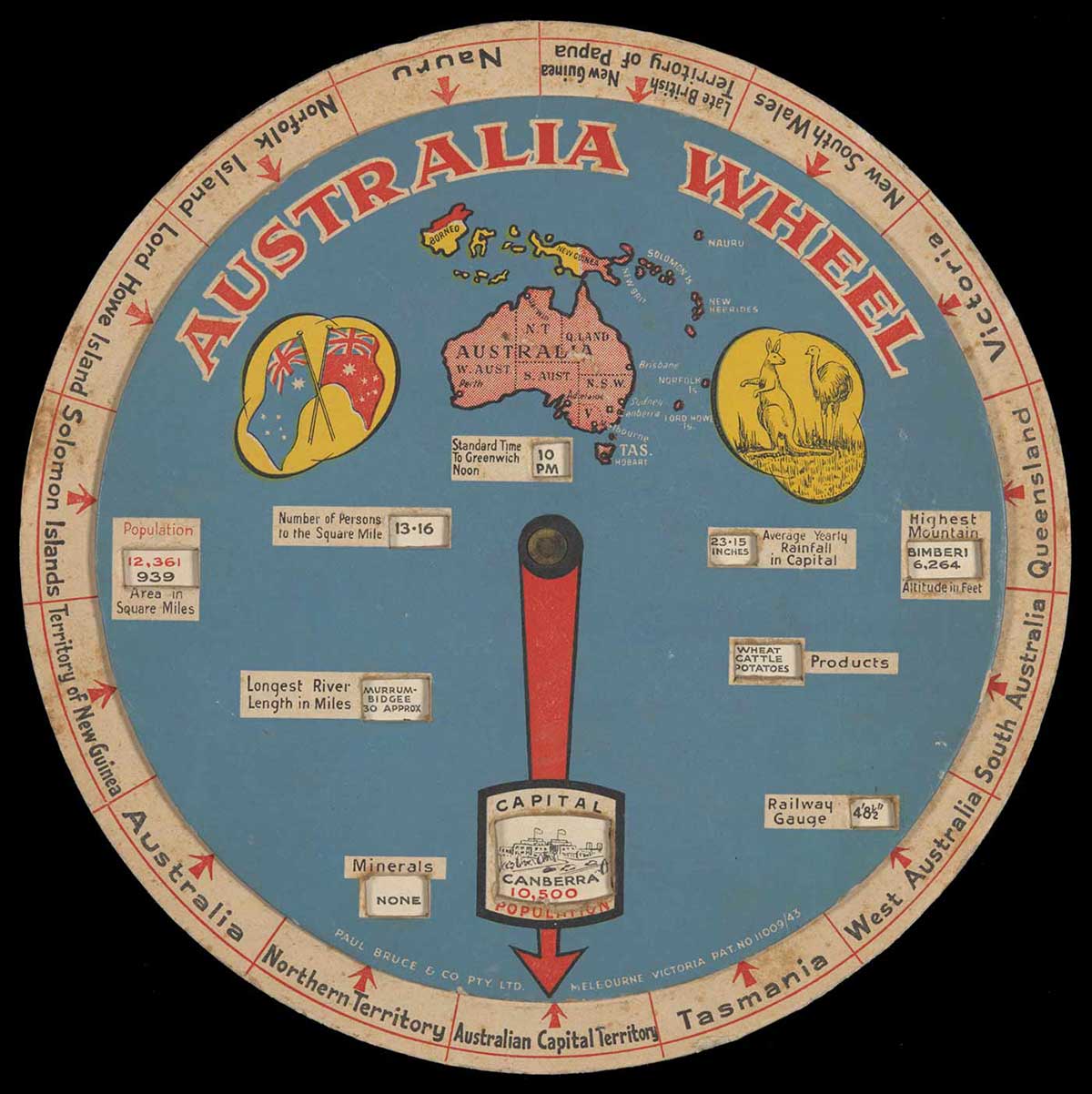 Two cardboard discs attached at the centre via a brass stud. Red and white text printed on the upper disc reads: 'AUSTRALIA WHEEL'. On the lower disc on a blue background are illustrations of flags, a map including Australia and New Guinea, a kangaroo and emu, and a large red arrow. Ten captioned cut-out windows on the upper disc reveal text and illustrations printed on the lower disc. Around the edge the lower disc text and arrows are separated by red lines. - click to view larger image