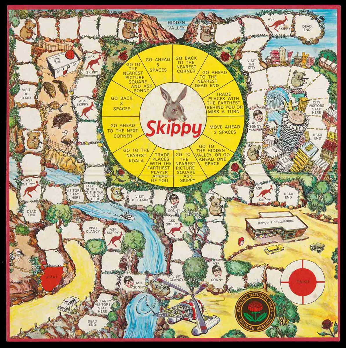 'Skippy' board game with a central image of a kangaroo and game squares set in locations including Hidden Valley and Sydney. - click to view larger image