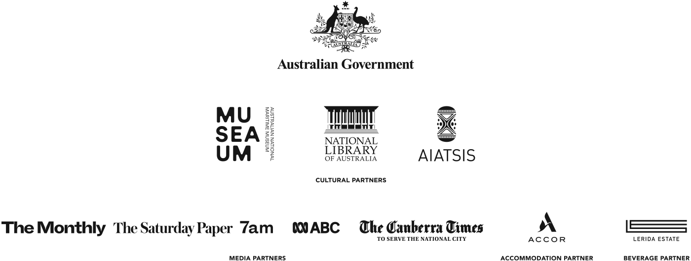 Logos, from left, for the Australian Government, The Australian National Maritime Museum, The National Library of Australia, The Australian Institute of Aboriginal and Torres Strait Islander Studies. Cultural partners: The Monthly, The Saturday Paper, 7am Media Partners, ABC, The Canberra Times. Accommodation partner: Accor. Beverage partner: Lerida Estate.