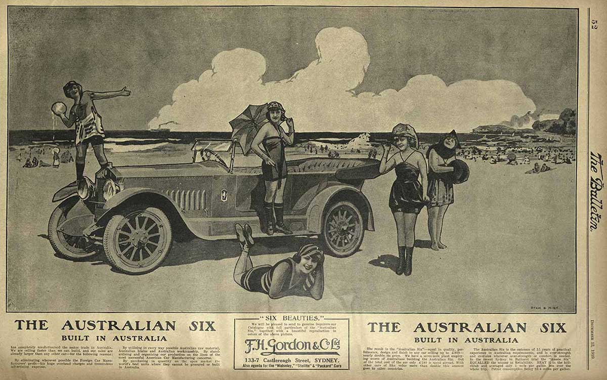 A newspaper advertisement showing five women and a motor car on a beach.