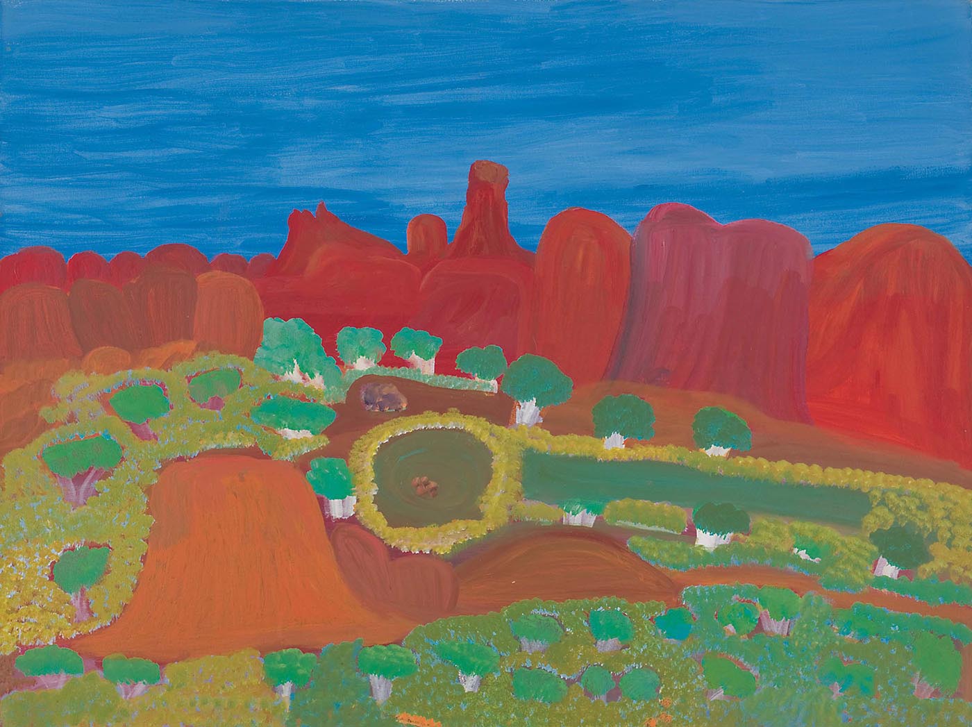 A painting on canvas with a range of orange-red rock formations, including a taller one with a squared top in the centre, against a blue sky in the top section. In the mid ground there are green trees with white trunks and foliage around a circle and rectangle of dark green. In the foreground there is foliage and red ground including an orange red rock-like feature to the left of the painting. - click to view larger image