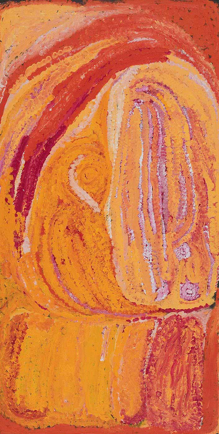 An orange toned painting on brown linen with a curve of dark orange starting at top right and ending at the centre of the left edge. This curve is above a rounded shape in yellow and orange with pink vertical stripes and several smaller round shapes. In the lower portion is a rectangular shape with blended orange, yellow and pink vertical brushstrokes. - click to view larger image
