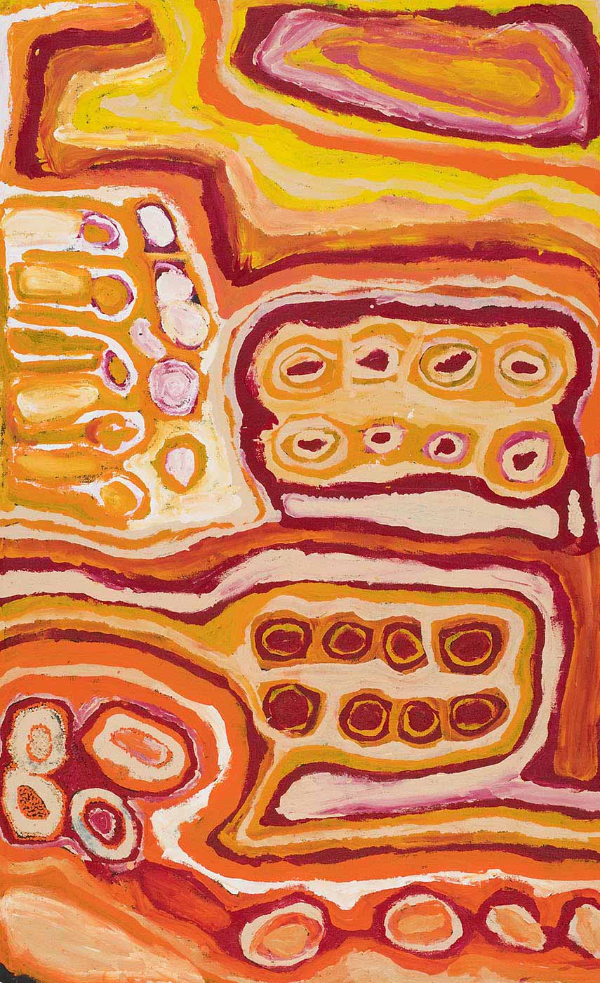 An acrylic painting on canvas in yellow-orange tones with a set of eight red and yellow circles at the lower right of the painting, surrounded by yellow, red and white lines. The painting is divided into areas by red and yellow lines, with beige, yellow or orange backgrounds. At the bottom edge there is a row of four concentric ovals, while to the left side of them is a set of four concentric circles. In the top half of the painting there is another set of eight concentric circles in beige and red on yellow, and pink circles and yellow rectangles next to them. At the top there are lines and a concentric shape in yellow, pink, orange, red and yellow-brown. - click to view larger image