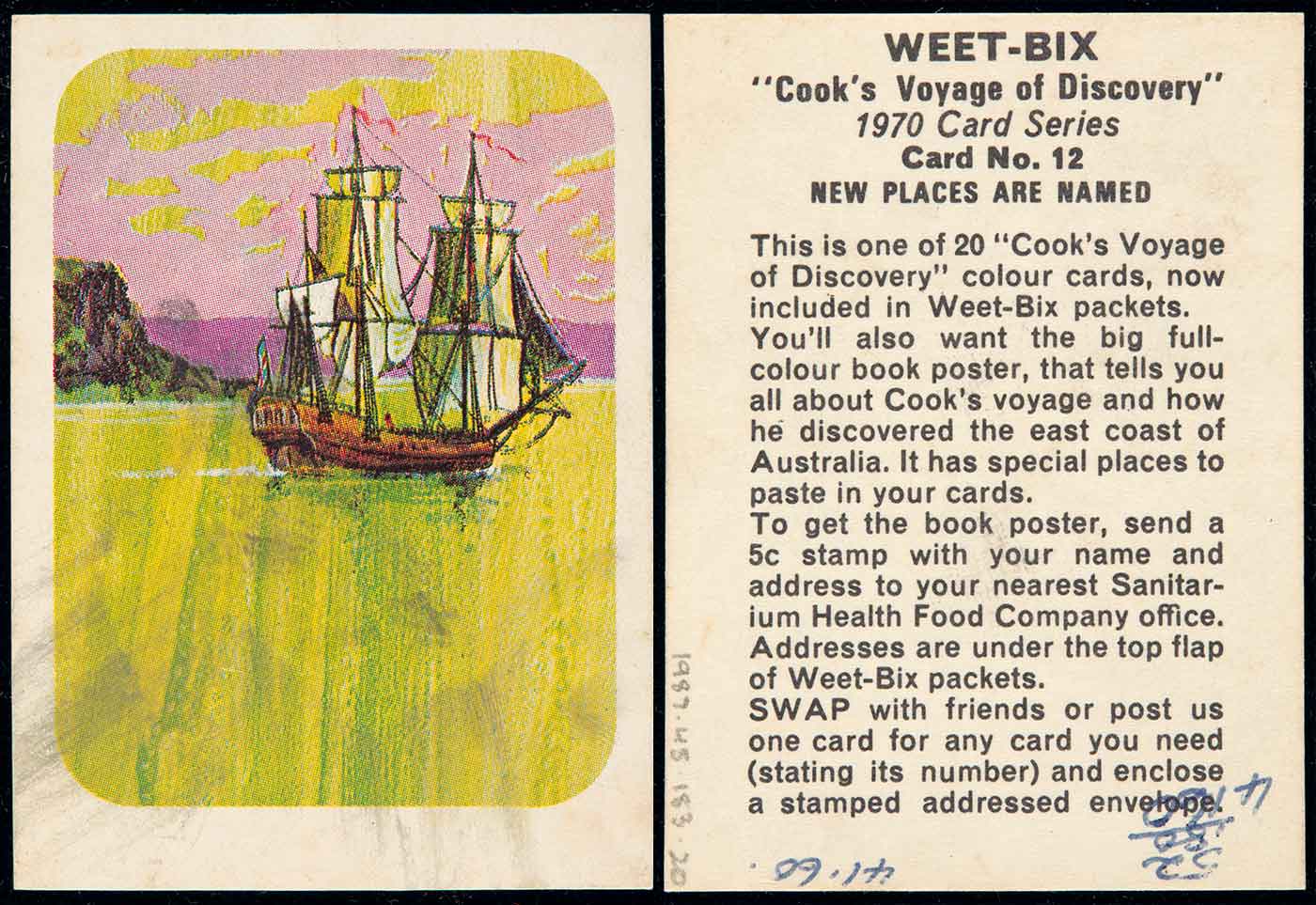 A swap card, numbered 12 in a series of 20, collected from a Weetbix cereal packet. The card features a colour illustration of a fully rigged ship sailing past a coast. The ocean is lime green and the sky is pink. Text on the reverse side of the card reads 'WEET-BIX / 