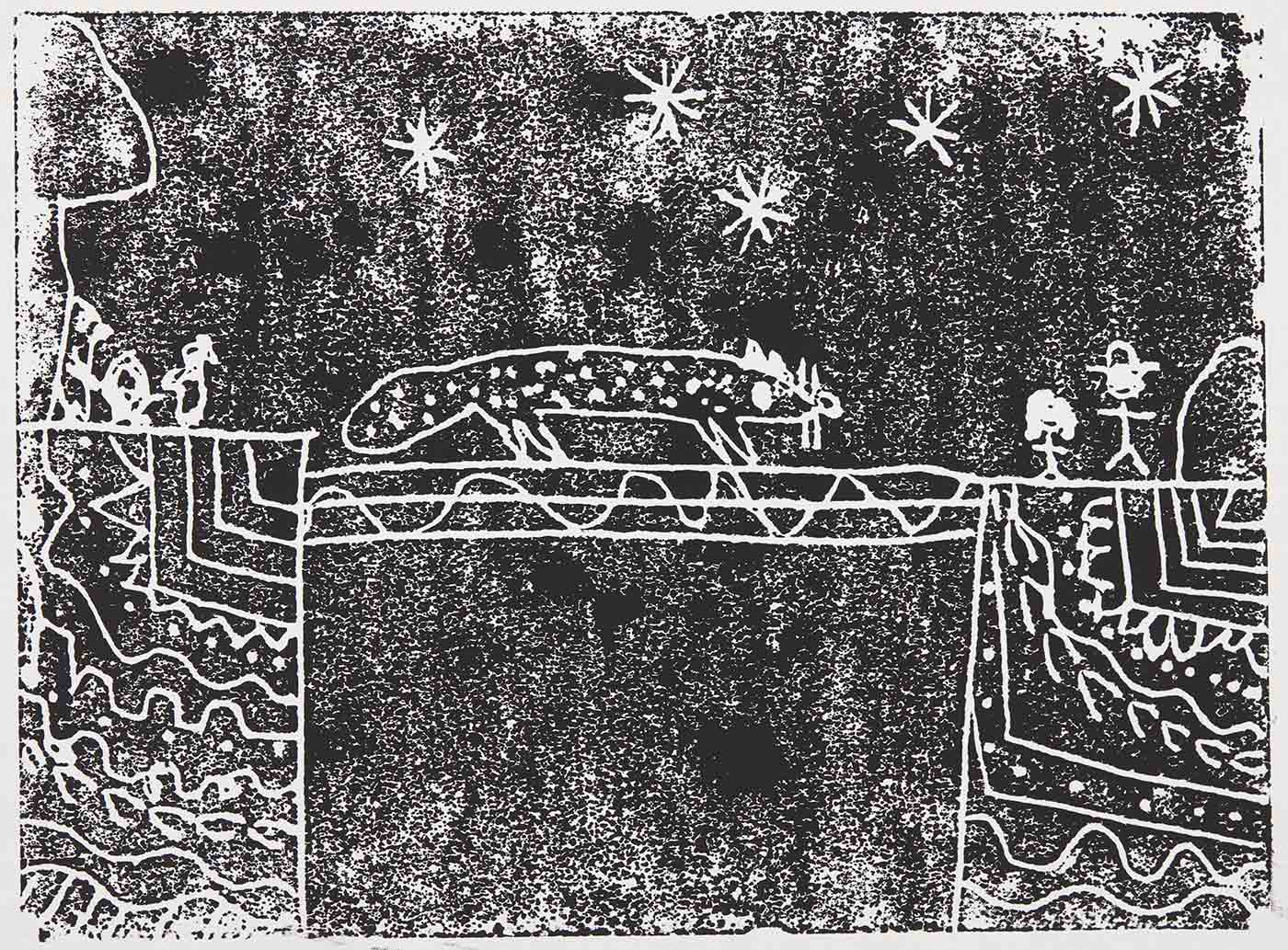 A black print on white cardboard featuring five stars across the top, a quoll walking across a bridge, two rectangular blocks either side of the bridge filled with indigenous motifs, as well as stick figures on the top. The print is titled and signed 'When the qolls come out / Evelyn. Martin.'. - click to view larger image