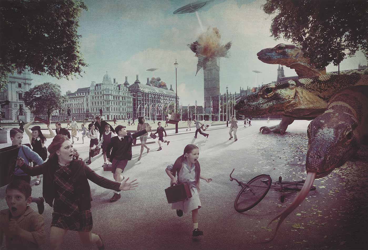 An over sized print featuring a photographic artwork depicting a flying saucer shooting big Ben, a crowd of people in 1960's attire running away toward the right of the picture, and three large lizards on the left. - click to view larger image