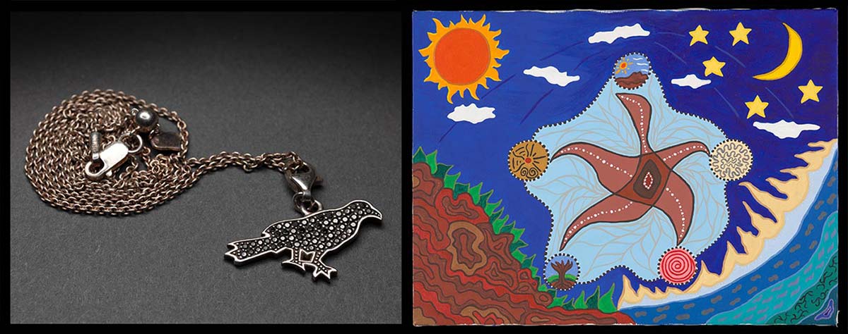 Composite image of a necklace on the left which features a long metal chain and a bird pendant with a small circular pattern. The painting on the right, features colourful imagery including the sun, the moon, clouds and stars, and a star-shaped figure in the centre.