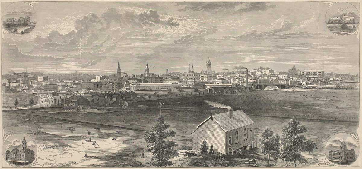 A black and white engraving printed on newspaper. The picture is of a cityscape and has the text 'Melbourne' printed below the image. Each corner of the print contains a smaller picture in a circle showing different buildings. Each building is identified by text printed beneath it.