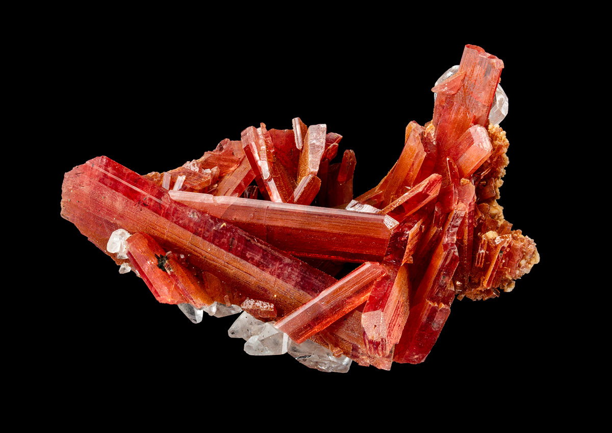 A mineral specimen of red and white crystals. - click to view larger image