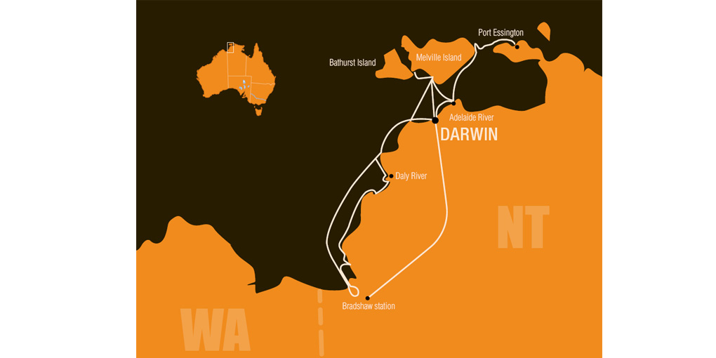 A stylised map showing the 1905-1911 Northern Territory expedition routes. A smaller map of Australia in the top left-hand corner shows the area covered by the main map. Locations such as Darwin, Melville Island, Daly River and Bradshaw Station are shown. The expedition land and sea routes are marked by white lines.