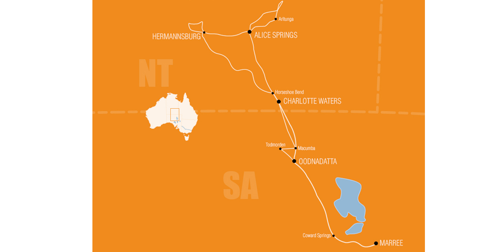 Map outlining the third medical relief expedition, 1920, Northern Territory and South Australia. The expedition routes are shown as white lines against a dull yellow background. Locations such as Marree, Oodnadatta, Charlotte Waters and Alice Springs are shown. The borders of the Northern Territory, South Australia and the south west corner of Queensland are indicated. To the left is a small map of Australia showing the main map area covered.