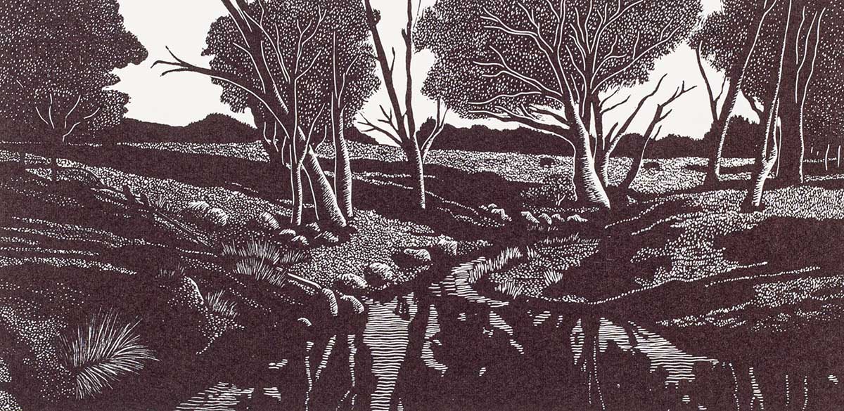 Woodblock print of trees by a creek, and possibly livestock in a field beyond. - click to view larger image