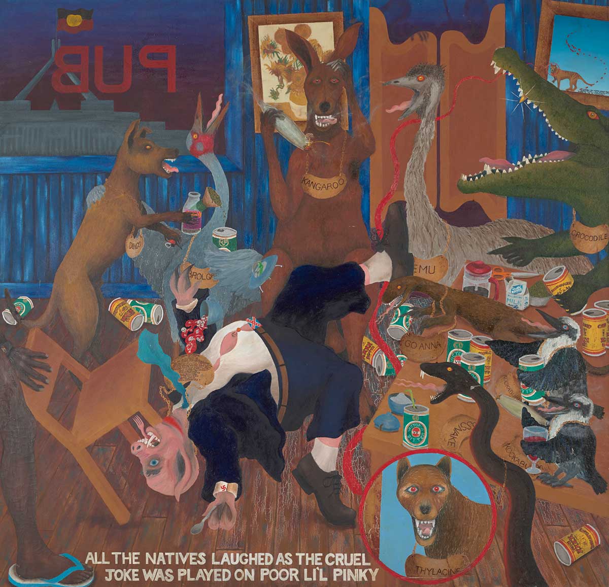 Painting showing a bar scene caricature of anthropomorphised Australian native animals playing a joke on a pig, with beer cans strewn all around.