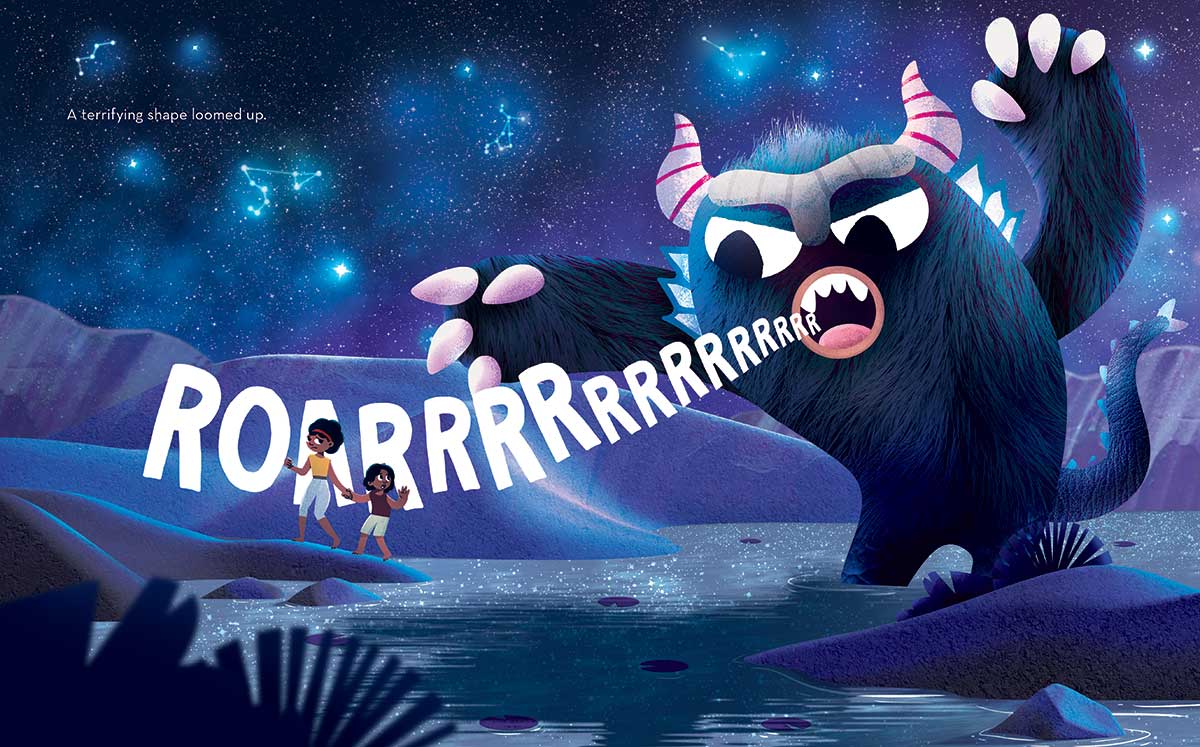 Sample page of a children's book called 'The Bunyip and the Stars' showing a huge bunyip roaring at two frightened children down by a billabong at night. - click to view larger image