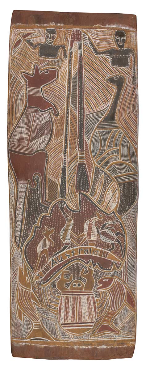 A bark painting worked with ochres. It depicts a red kangaroo on the left and a black emu to the right of two central elongated black shapes. Above these there are the upper halves of two human figures. In the lower section there is a map with 'Australia' written across it on a yellow snake motif. The map has a kangaroo, snake, emu and lizard inside it. Below the map there is a crab with a fish on either side of it. - click to view larger image