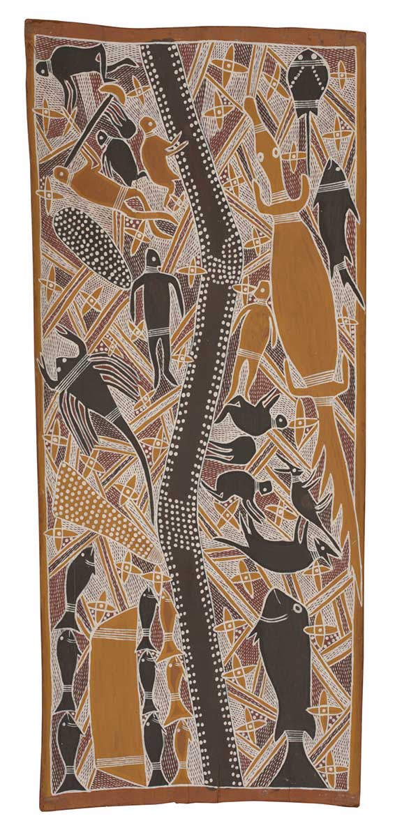 A bark painting depicting yams, decorated with dots, in centre with six birds in black and yellow. Background of crosshatching in horizontal with dots, and vertically in sections. - click to view larger image