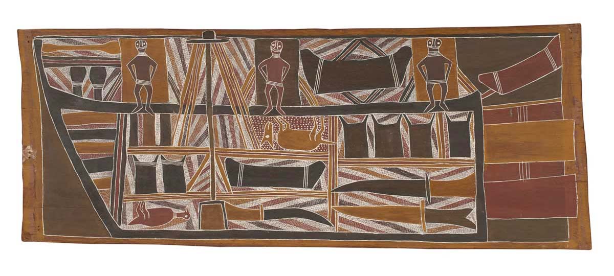 A bark painting worked with ochres on bark. It depicts a Malay trading ship with three human figures standing on the deck. There is a yellow rolled-up sail and two black capstans in the top left hand corner. The painting also depicts a yellow goat, a red bird, knife-like shapes, black rice stacks, a canoe, two dugouts, a black mast and yellow and red rudders. The background is painted in brown and the ship and the area above it are crosshatched in black, white, yellow and red. - click to view larger image