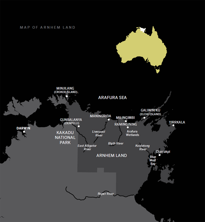 Map of Arnhem Land, larger, from an inset map of Australia, above. Arnhem Land is bordered by the Arafura Sea and Kakadu National Park and is west of Darwin. - click to view larger image