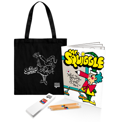Image of a black tote bag with a white Mr Squiggle illustration, a pack of colouring pencils and an activity book with a colour image of Mr Squiggle on the cover