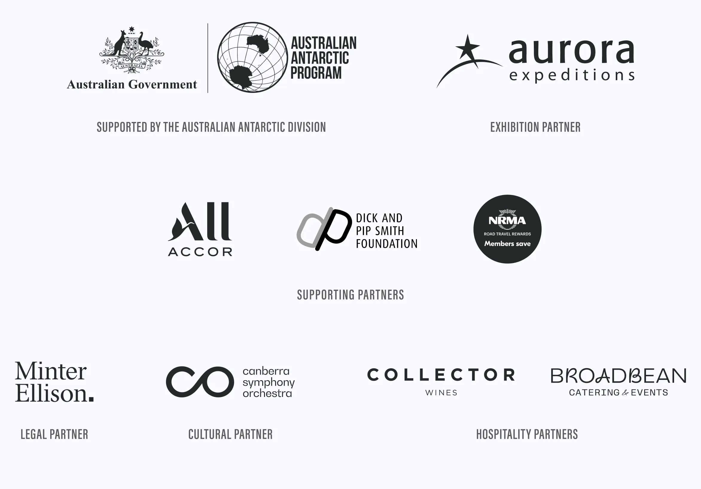 logos of supporters and partners of the Antarctica exhibition.