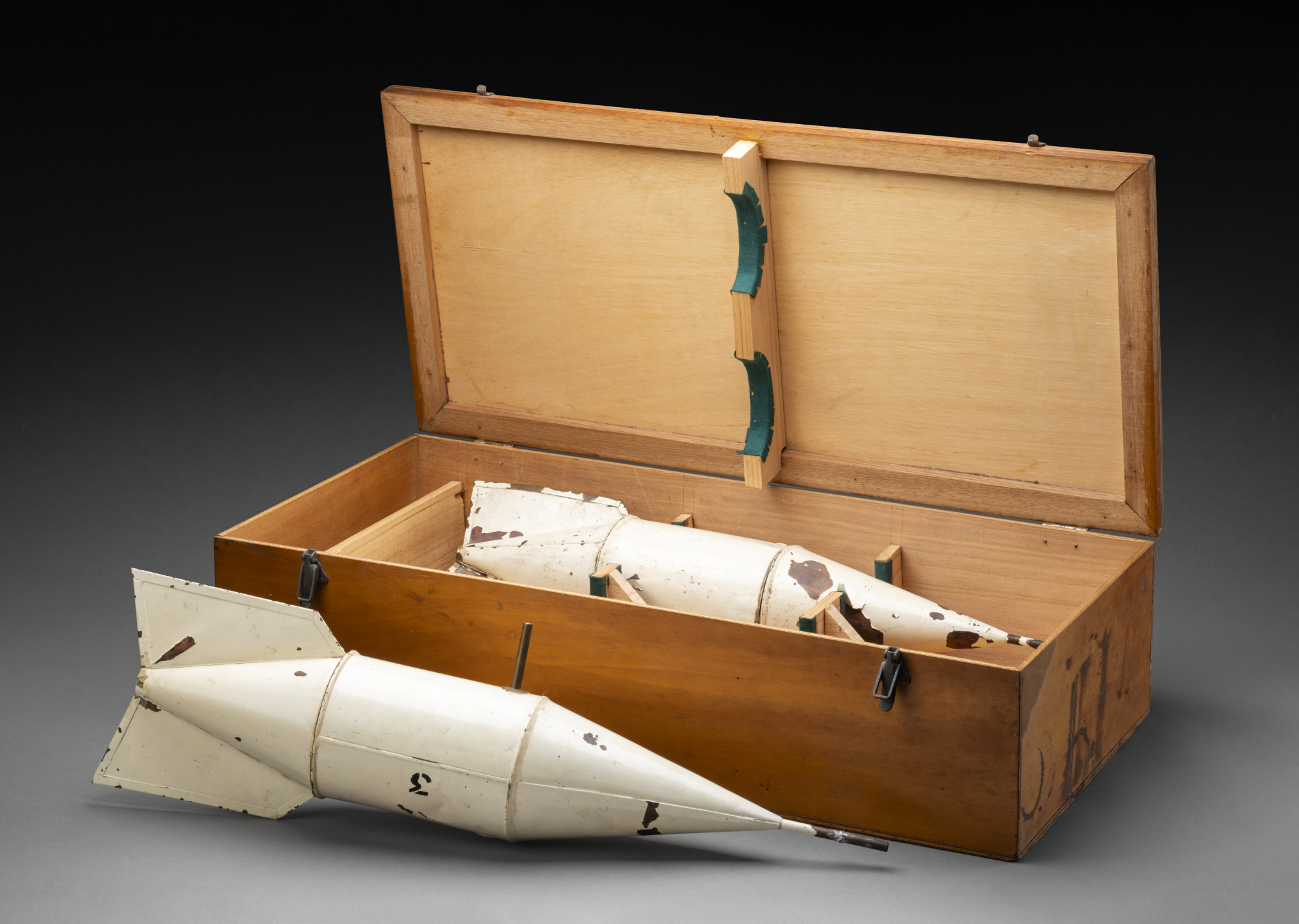 Set of two snow gauges in custom box, used to measure amount of snow carried by winds, designed by Malcolm Mellor, 1957