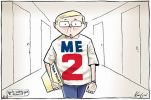 Cartoon of Kevin Rudd striding along a corridor with his tax policy wearing a 'ME 2' T-shirt in parody of the Kevin07 logo. A small creature at the bottom of the cartoon says 'What happened to Kevin 07?