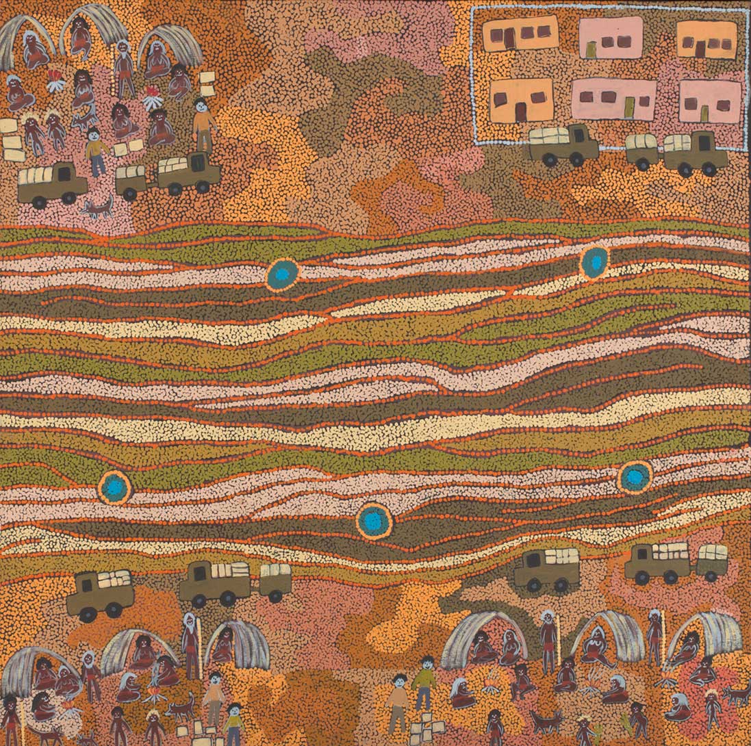 An acrylic painting on canvas showing people and vehicles, with five waterholes running through the centre. - click to view larger image