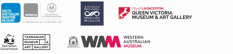 Logos for South Australian Maritime Museum (Adelaide), the Queen Victoria Museum and Art Gallery (Launceston), the Tasmanian Museum and Art Gallery (Hobart), the Australian National Maritime Museum (Sydney), the National Museum of Australia (Canberra) and the Western Australian Museum (Perth).